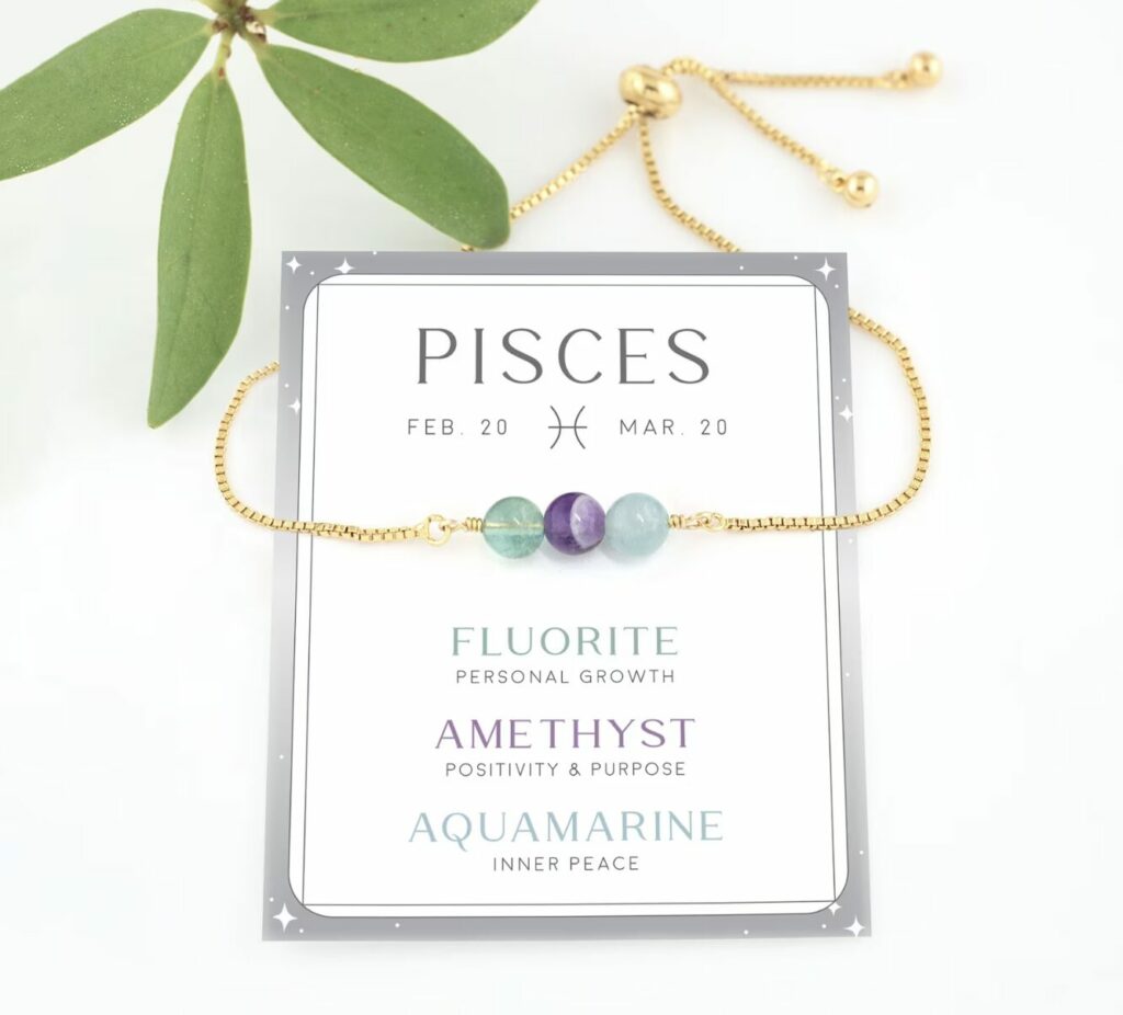Pisces crystal bracelet featuring fluorite, amethyst and aquamarine